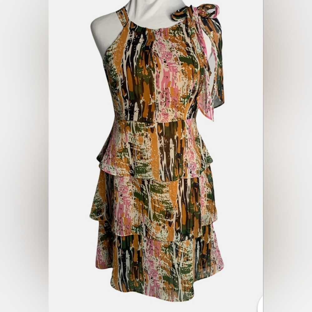 BCBGMAXAZRIA Multicolored Layered Ruffle Sleeveless Bow Dress, S